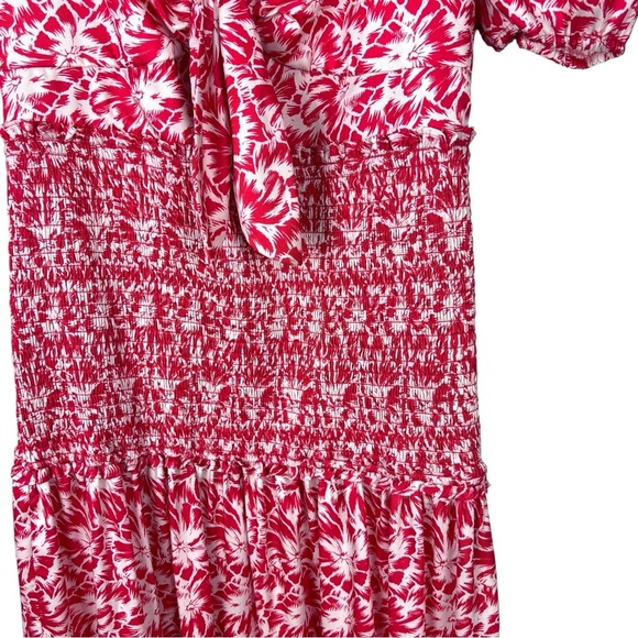 LIKELY AVRA BITTERSWEET & WHITE FLORAL SMOCK WAIST PUFF SLEEVE V NECK MIDI DRESS - Picture 11 of 15